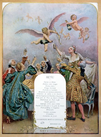 Ritz Restaurant Menu, Afbeelding van een Groep Elegante 18e Eeuwse Mannen en Vrouwen die Champagne Drinken Geserveerd door Cherubs, 1910 door Maurice Leloir